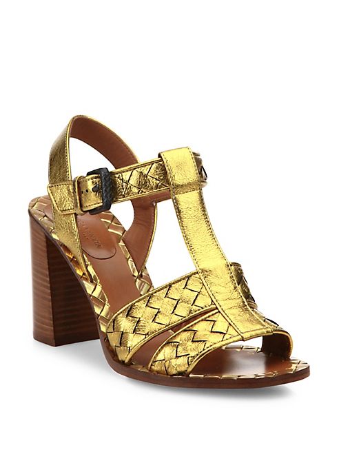 Bottega Veneta - Intrecciato Metallic Leather T-Strap Sandals