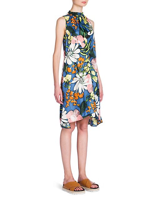 Marni - Ruched-Neck Floral-Print Silk Dress