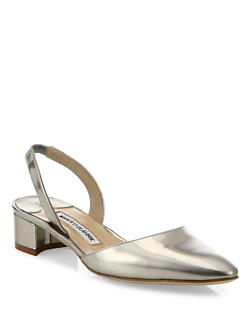 Manolo Blahnik - Aspro Patent Metallic Leather Block Heel Slingbacks