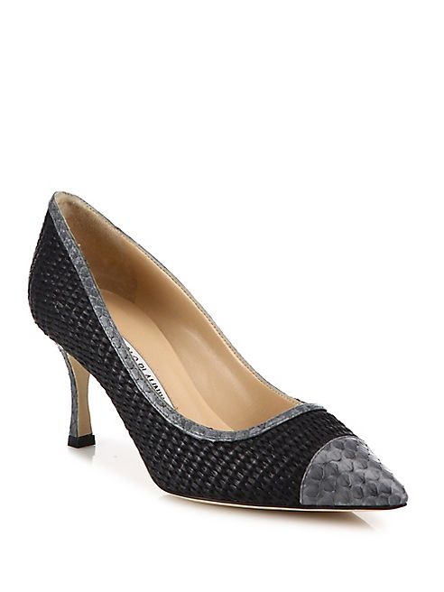 Manolo Blahnik - Bottera Raffia & Snakeskin Pumps