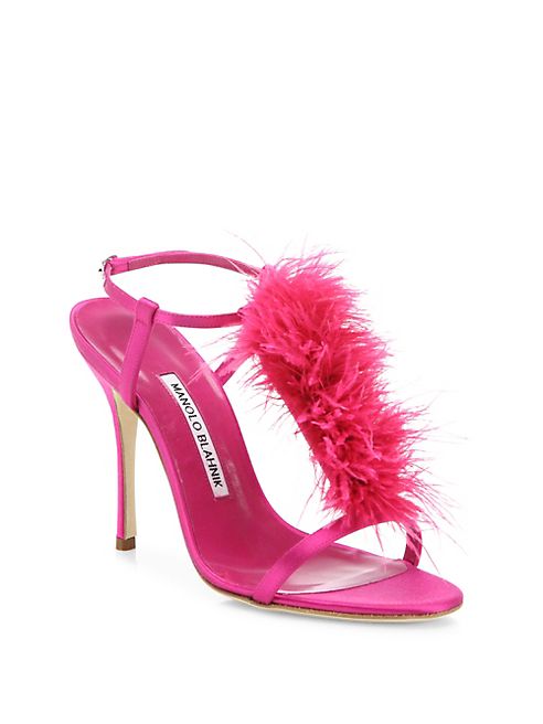 Manolo Blahnik - Eila Feather-Trimmed Satin T-Strap Sandals