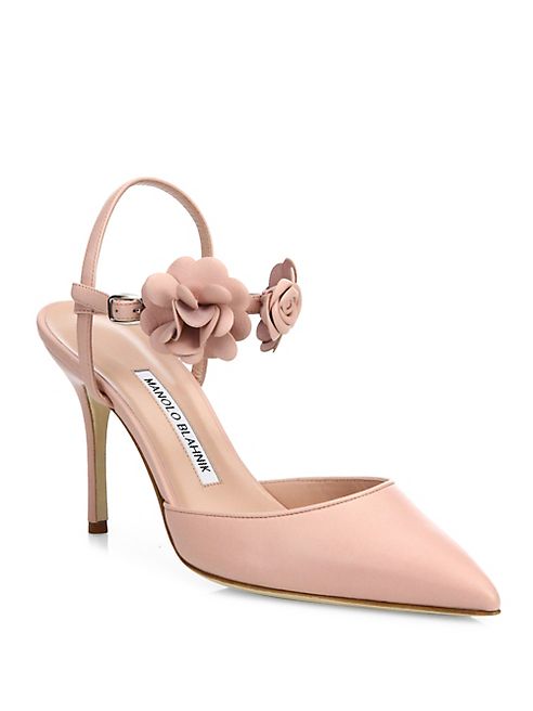 Manolo Blahnik - Volvonapla Flower Leather Ankle-Strap Pumps