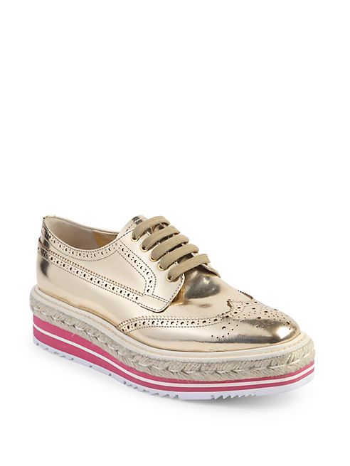 Prada - Metallic Leather Brogue Platform Oxfords