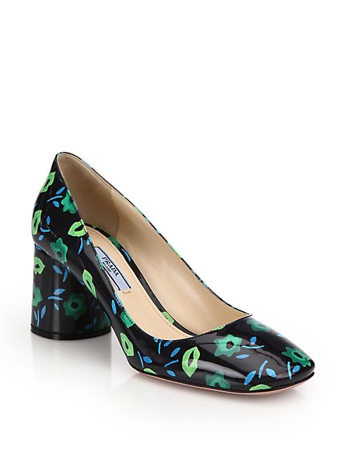 Prada - Flower-Print Patent Leather Block Heel Pumps