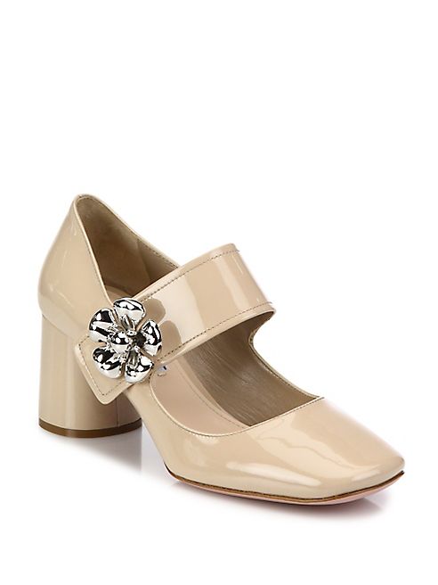 Prada - Flower-Embellished Patent Leather Mary Jane Block Heel Pumps