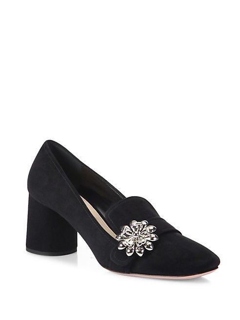 Prada - Flower-Embellished Suede Block Heel Loafer Pumps