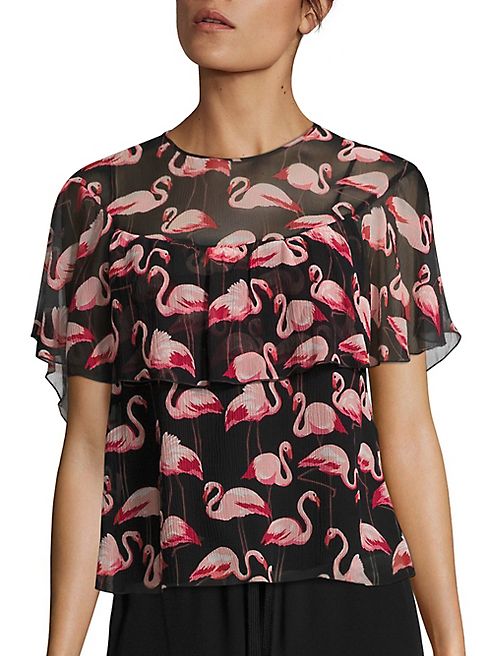 RED Valentino - Flamingo-Print Silk Ruffle Blouse