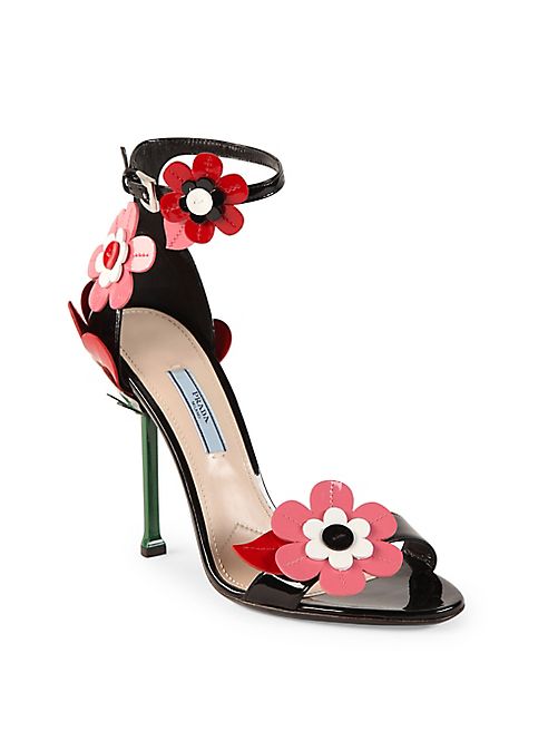 Prada - Floral-Embroidered Patent Leather Ankle-Strap Sandals