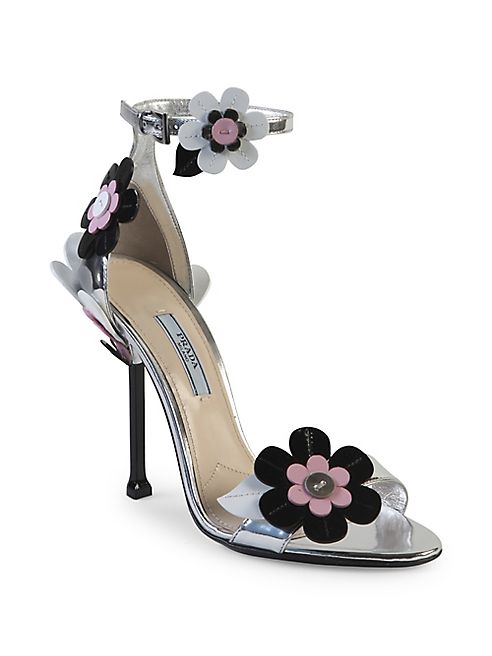 Prada - Floral-Embroidered Metallic Leather Ankle-Strap Sandals