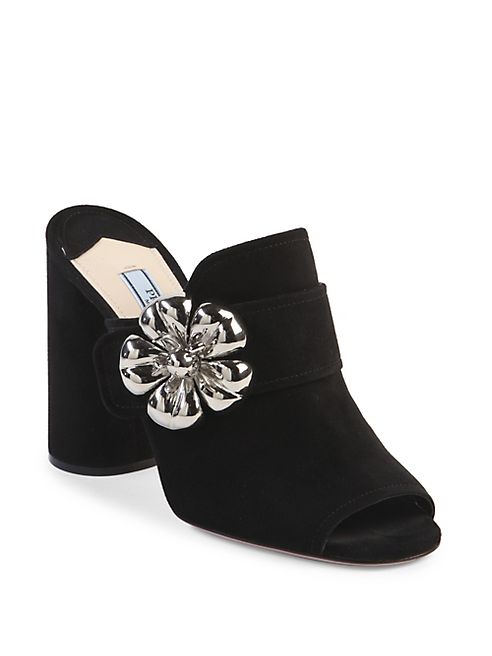 Prada - Flower Suede Peep Toe Mules