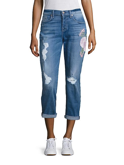 7 For All Mankind - Josefina Embroidered Distressed Boyfriend Jeans