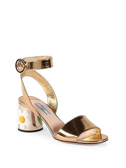 Prada - Flower-Heel Metallic Leather Ankle-Strap Sandals