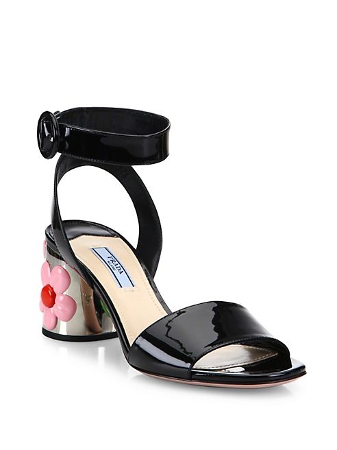 Prada - Flower-Heel Patent Leather Ankle-Strap Sandals