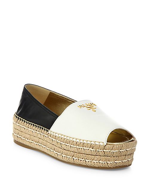 Prada - Two-Tone Leather Peep Toe Platform Espadrilles