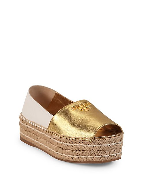 Prada - Two-Tone Leather Peep Toe Platform Espadrilles