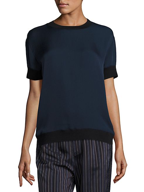 Vince - Contrast Rib Trim Silk T-Shirt