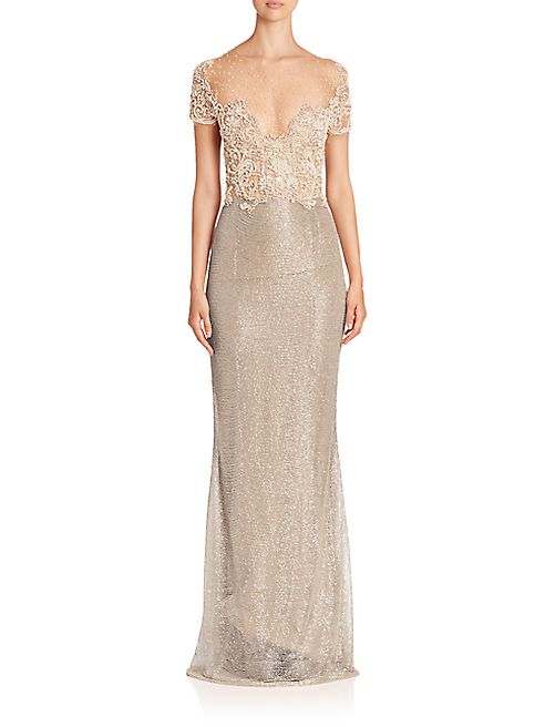 Marchesa - Embellished Short-Sleeve Gown