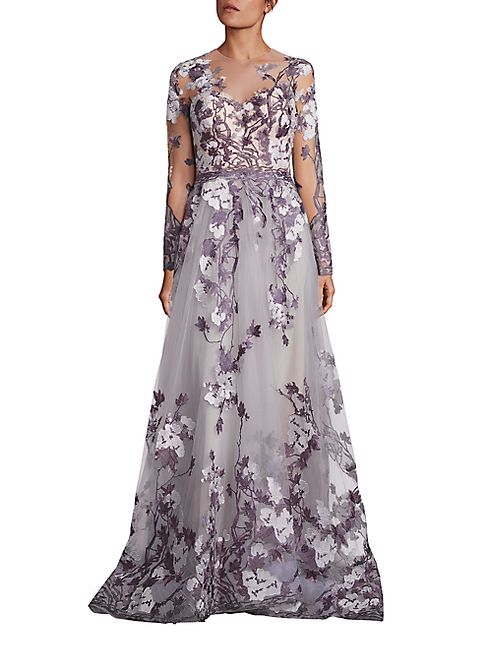 Mikael D - Lilac Floral Embroidered Gown