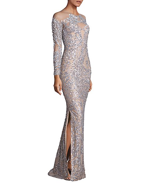 Mikael D - Silver Sequin Nude Gown