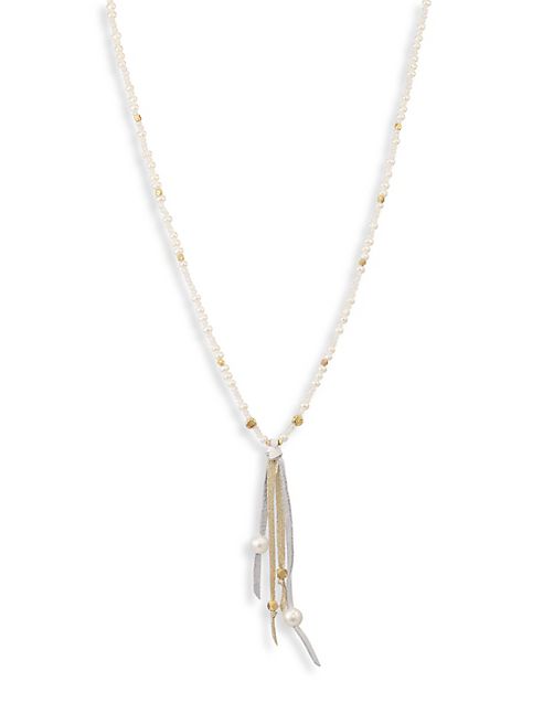 Chan Luu - 3-8MM White Pearl & Leather Tassel Necklace