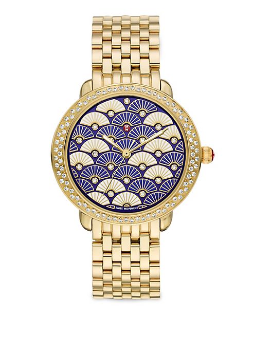 Michele Watches - Serein 16 Blue Fan Diamond & Goldtone Stainless Steel Bracelet Watch