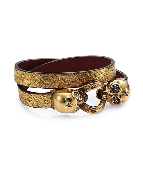 Alexander McQueen - Twin Skull Metallic Leather Wrap Bracelet