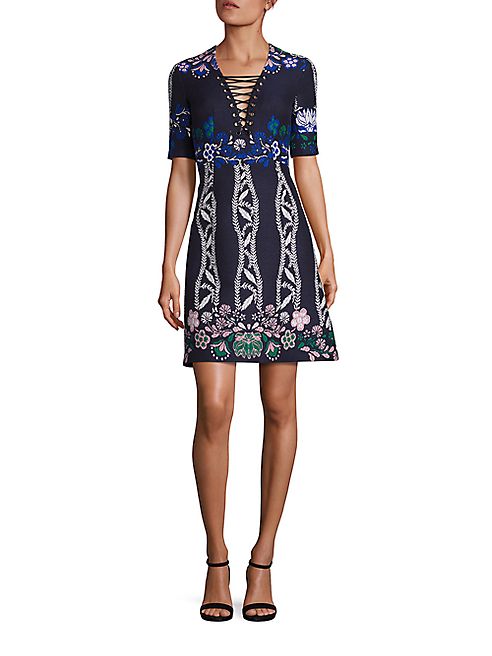 Yigal Azrouel - Lacing-Detail Printed Jacquard A-Line Dress