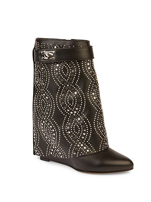 Givenchy - Shark-Lock Embellished Leather Fold-Over Wedge Boots