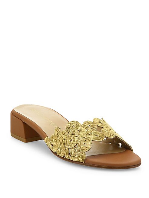 Stuart Weitzman - Juneflorette Chain-Trim Leather Block Heel Slides