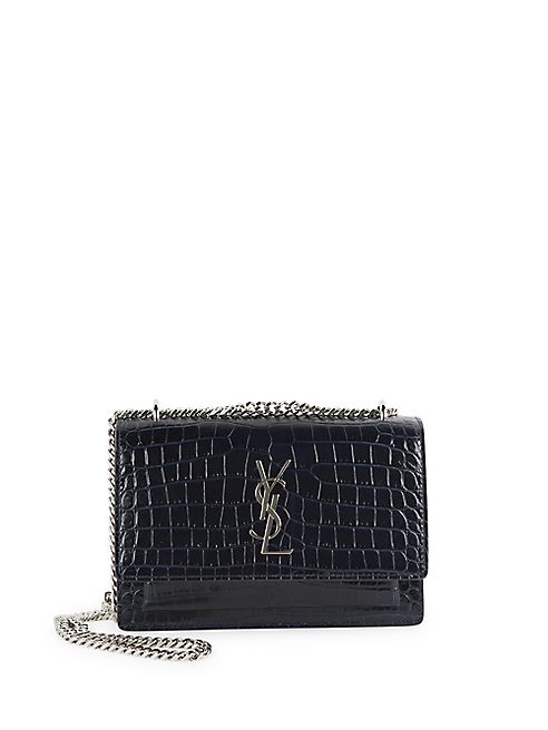 Saint Laurent - Mini Sunset Monogram Croc-Embossed Patent Leather Chain Wallet