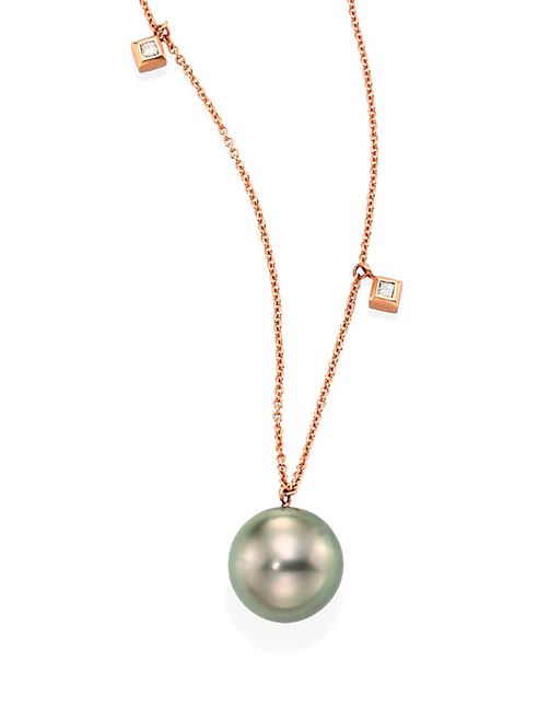 Zoe Chicco - Large 10MM Grey Tahitian Pearl, Diamond & 14K Rose Gold Dangle Necklace