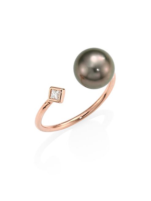 Zoe Chicco - 8MM Grey Tahitian Pearl, Diamond & 14K Rose Gold Open Ring