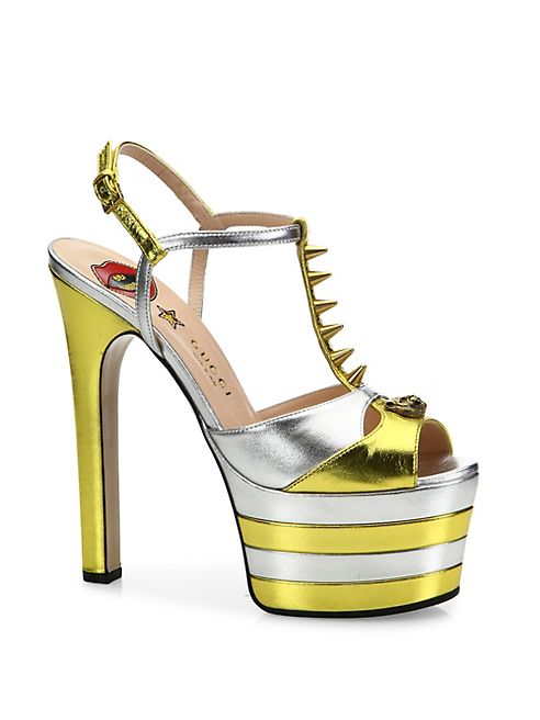 Gucci - Angel Metallic Leather Peep Toe Platform T-Strap Sandals