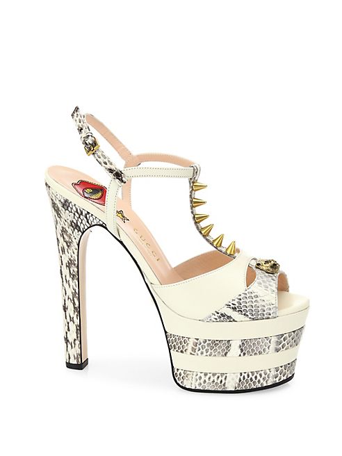 Gucci - Angel Leather & Snakeskin Peep Toe Platform T-Strap Sandals