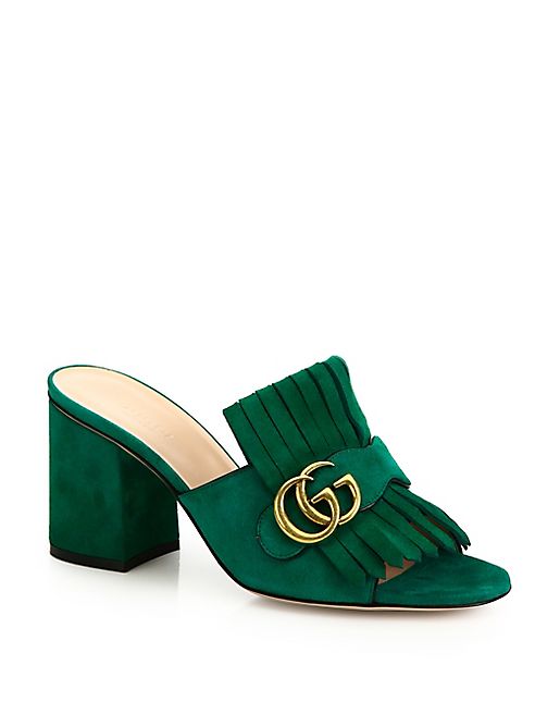 Gucci - Marmont GG Kiltie Suede Block Heel Mules