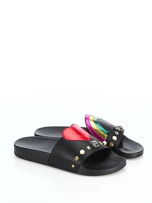 Gucci - Gucci Pursuit Heart & Rainbow Patch Leather Slides