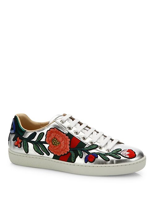 Gucci - New Ace Floral-Embroidered Metallic Leather Sneakers