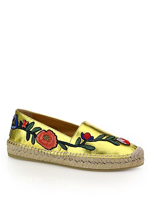 Gucci - Pilar Floral-Embroidered Metallic Leather Espadrilles