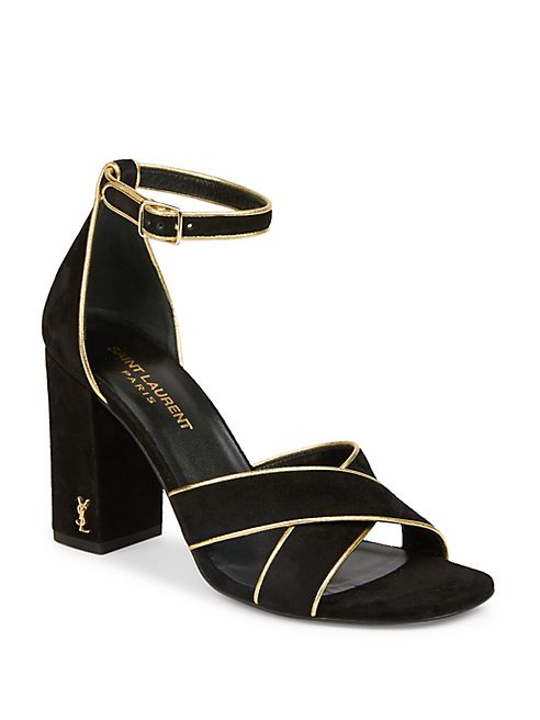 Saint Laurent - Babies Metallic-Trimmed Suede Block Heel Sandals