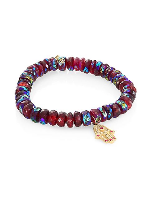 Sydney Evan - Hamsa Diamond, Ruby & Rhodolite Garnet Beaded Bracelet