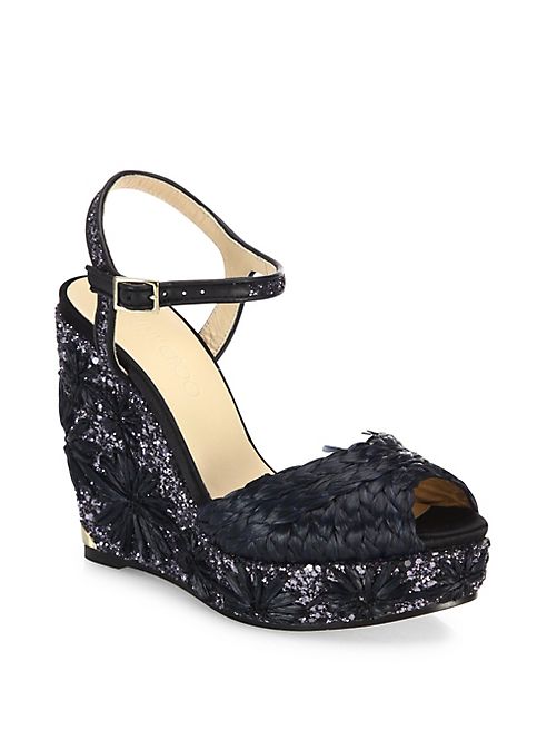 Jimmy Choo - Perla 120 Embroidered Raffia, Glitter & Leather Wedge Sandals