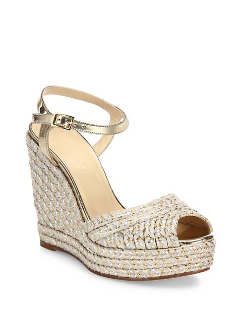 Jimmy Choo - Perla 120 Metallic Raffia & Leather Espadrille Wedge Sandals