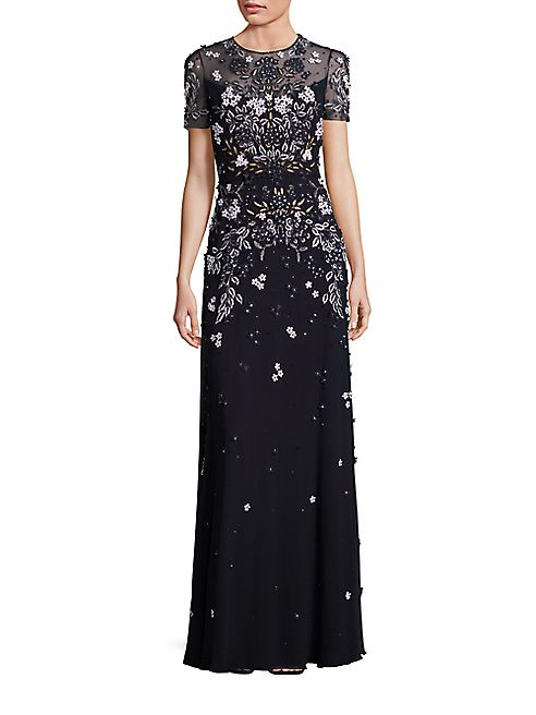 Jenny Packham - Short-Sleeve Floral Beaded Gown