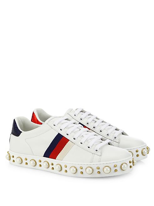 Gucci - Gucci New Ace Faux Pearl Studded Leather Low-Top Sneakers