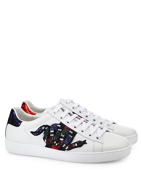 Gucci - New Ace Crystal-Embroidered Snake Leather Low-Top Sneakers