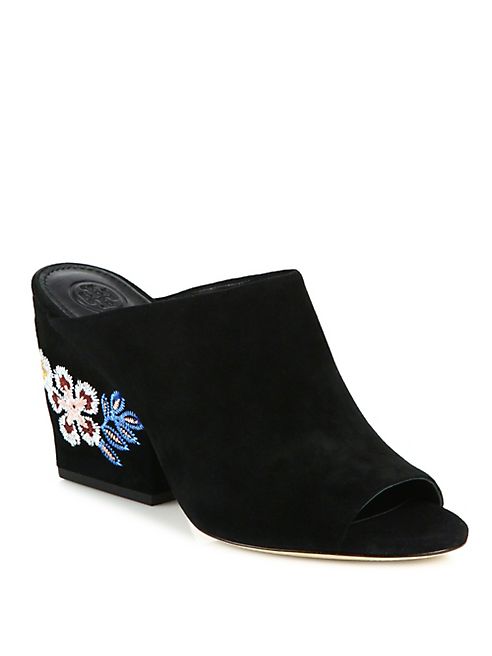 Tory Burch - Embroidered Suede Wedge Mules