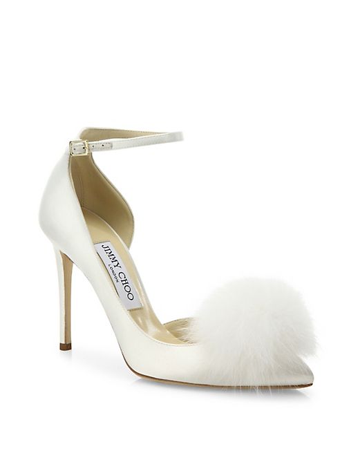 Jimmy Choo - Rosa 100 Fox Fur Pom-Pom & Satin d'Orsay Ankle-Strap Pumps