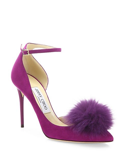 Jimmy Choo - Rosa 100 Fox Fur Pom-Pom & Suede d'Orsay Ankle-Strap Pumps