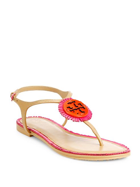 Tory Burch - Miller Fringe Logo Leather T-Strap Sandals