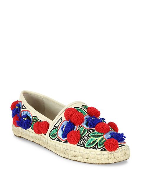 Tory Burch - Ellis Pom-Pom Embroidered Leather Espadrille Flats